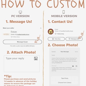 May include: An instructional graphic titled HOW TO CUSTOM with two columns showing PC VERSION and MOBILE VERSION. It illustrates steps to message a seller and attach photos for custom orders, including text fields, buttons, and a holiday tip.