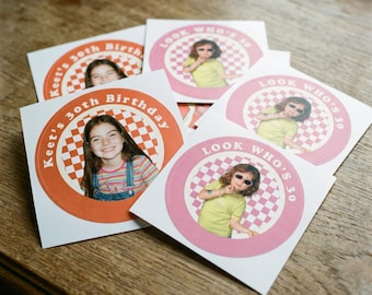 Custom 30th Birthday Stickers - Personalized 30th Birthday Decorations - Retro Face Stickers Cup Stickers Labels