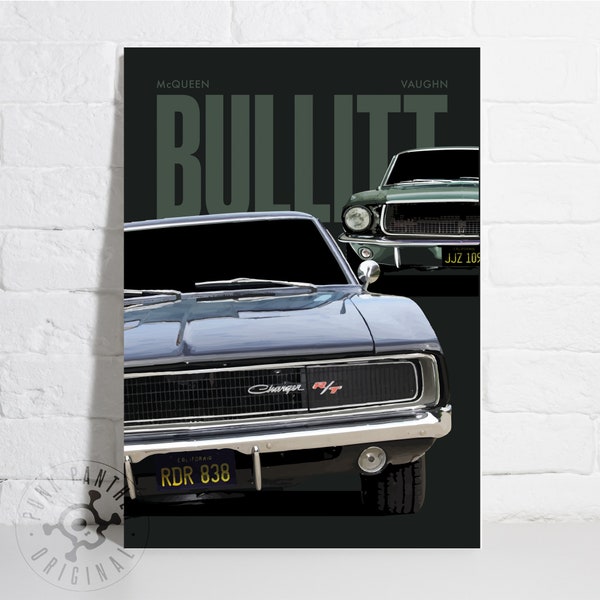 Bullitt Steve McQueen, Ford Mustang GT/Dodge Charger RT, Vintage Muscle Car Poster, Mustang Art Print, American Car Print, Homage