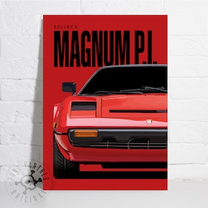 Magnum P.I. - Tom Selleck - Ferrari 308 GTS - Poster Print, Unique Wall Art, Minimalist A3 Print, Movie Poster, Gift