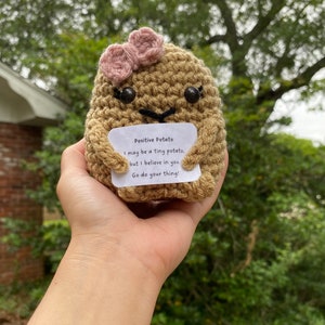 May include: A crocheted potato toy with a pink bow, holding a card that reads "Positive Potato I may be a tiny potato, but I believe in you. Go do your thing!"
