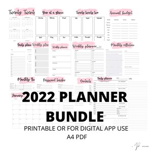 Könnte beinhalten: Ein druckbares 2022-Planer-Paket im A4-PDF-Format. Das Paket enthält eine Vielzahl von Planerseiten, darunter Monats-, Wochen- und Tagesplaner sowie einen Passwort-Tracker, eine Kontaktseite und eine Seite für die monatliche Reflexion.