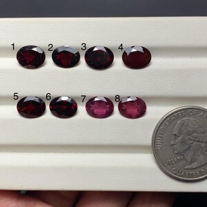 May include: Eight oval-cut gemstones in varying shades of red and pink are displayed on a white surface. A U.S. quarter coin is placed next to the gemstones for size comparison. The gemstones are numbered 1 through 8.