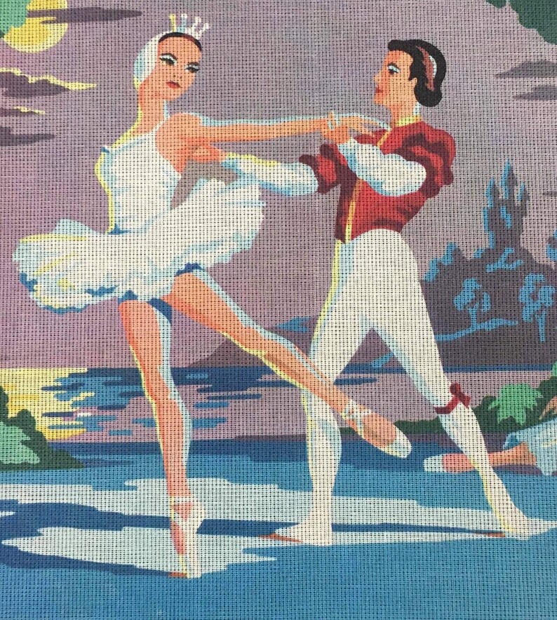 Semco Vintage Needlepoint Handpainted Swan Lake Ballet 1960’s Unworked Tapestry Canvas image 2