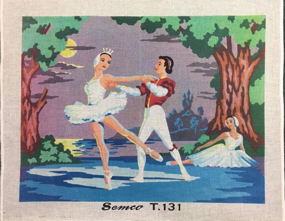 Semco Vintage Needlepoint Handpainted Swan Lake Ballet 1960’s Unworked Tapestry Canvas