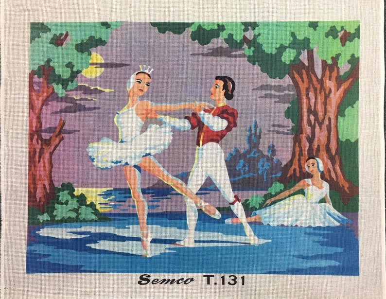 Semco Vintage Needlepoint Handpainted Swan Lake Ballet 1960’s Unworked Tapestry Canvas image 1