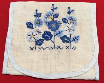 Vintage Hankerchief Holder Hand Embroidered 1950’s in Shades of Blue