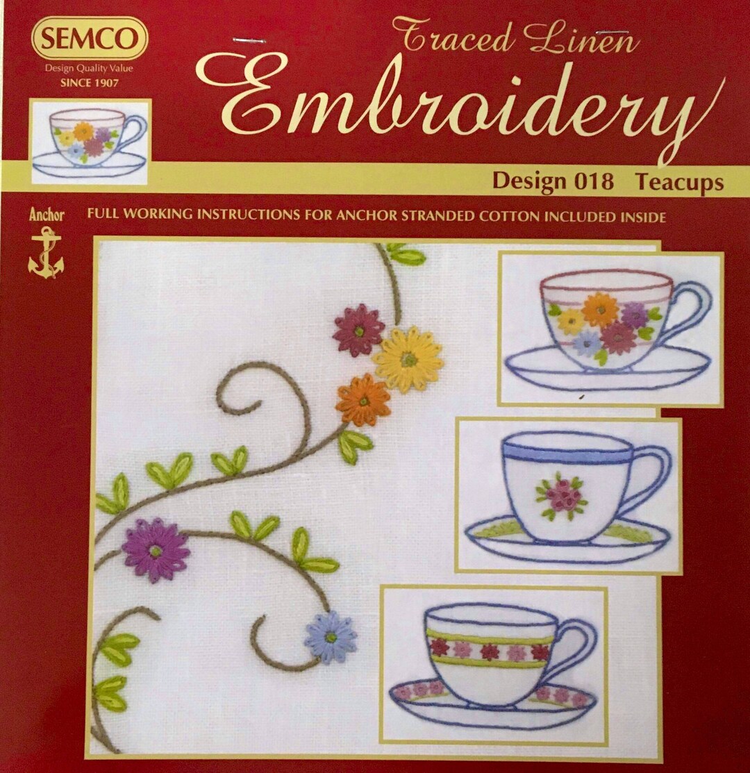 Semco Design Semco Traced Linen Embroidery Teacups Design Linen Runner . - Etsy