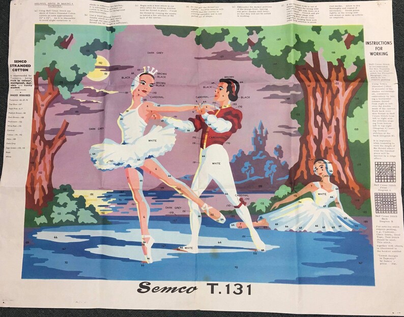Semco Vintage Needlepoint Handpainted Swan Lake Ballet 1960’s Unworked Tapestry Canvas image 3