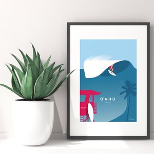 May include: A blue and white illustration of a surfer riding a wave with a lifeguard stand and palm tree in the background. The text "O'AHU, HAWAII" is printed below the wave.