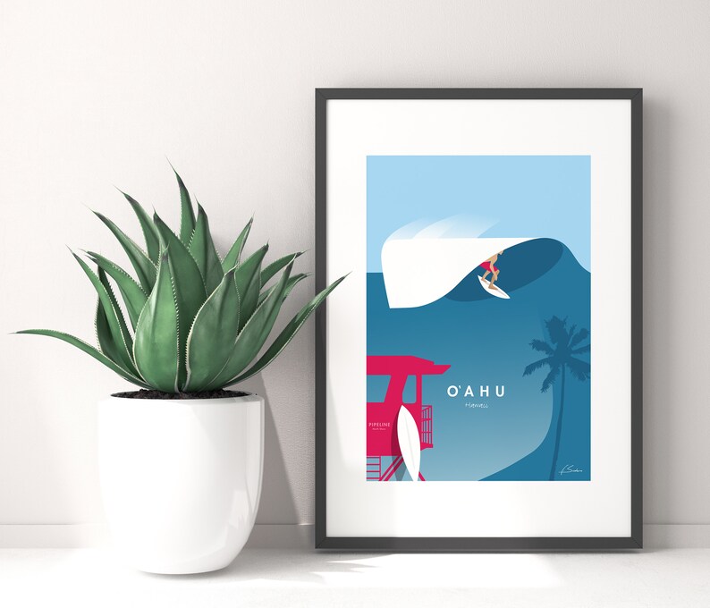 May include: A blue and white illustration of a surfer riding a wave with a lifeguard stand and palm tree in the background. The text "O'AHU, HAWAII" is printed below the wave.