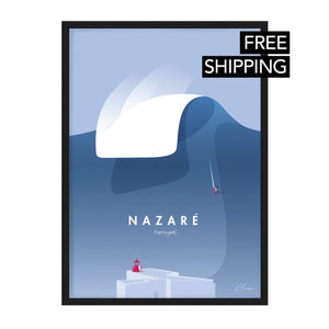 Framed Nazare Poster | Surf Poster | Nazare Portugal Print | Wave Vintage Surf Travel Poster