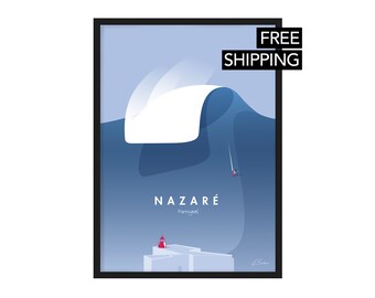 May include: A blue and white illustration of a large wave crashing in Nazaré, Portugal. The wave is depicted as a giant, white, curled-over shape. A small red figure is surfing the wave. The text "Nazaré, Portugal" is printed below the wave.