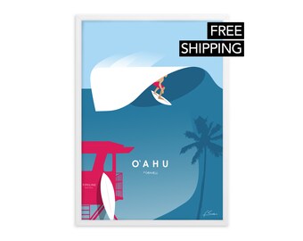 May include: A blue and white illustration of a surfer riding a wave with a red lifeguard stand and a palm tree in the background. The text "O'AHU Hawaii" is printed below the wave.