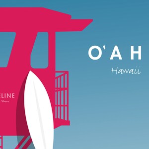 May include: A red lifeguard tower with a white surfboard leaning against it. The text "PIPELINE North Shore" is on the tower. The text "O'AHU Hawaii" is in white letters on a blue background.