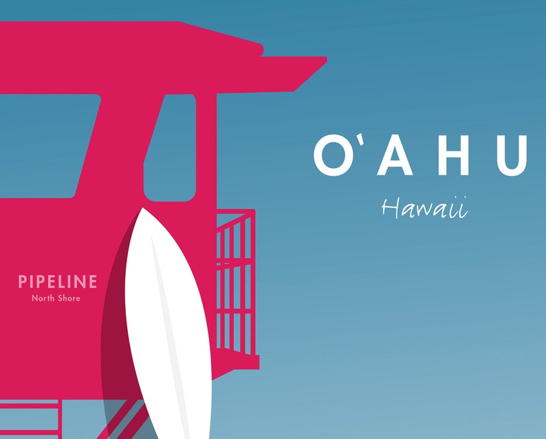 May include: A red lifeguard tower with a white surfboard leaning against it. The text "PIPELINE North Shore" is on the tower. The text "O'AHU Hawaii" is in white letters on a blue background.