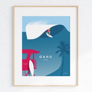 May include: A blue and white illustration of a surfer riding a wave with a red lifeguard stand and a palm tree in the background. The text "O'AHU" and "Hawaii" are printed below the wave.