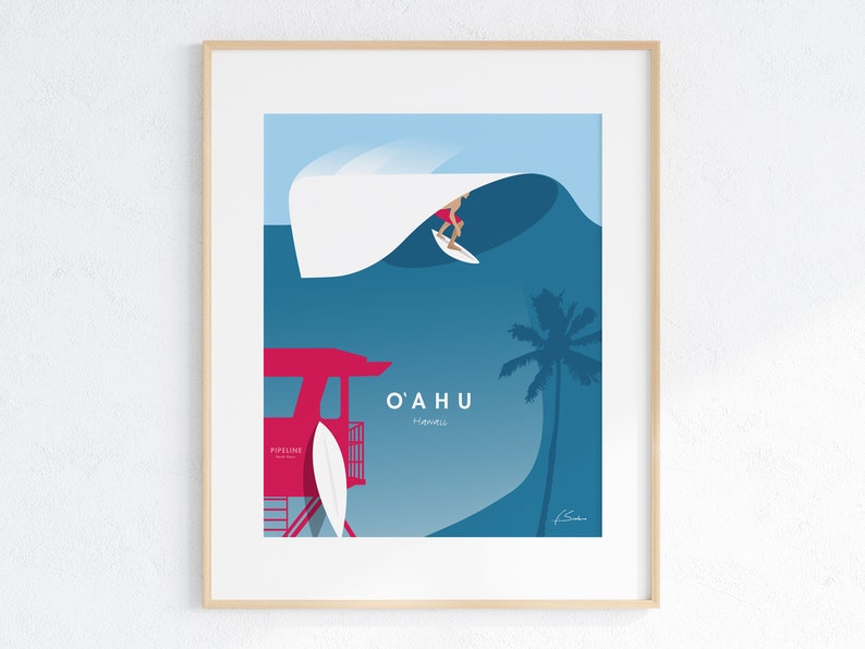 May include: A blue and white illustration of a surfer riding a wave with a red lifeguard stand and a palm tree in the background. The text "O'AHU" and "Hawaii" are printed below the wave.