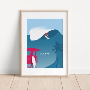 May include: A blue and white illustration of a surfer riding a wave with a red lifeguard stand and palm tree in the background. The text "O'AHU" and "HAWAII" is printed below the image.