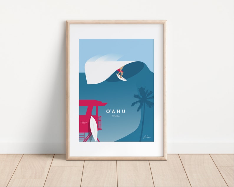 May include: A blue and white illustration of a surfer riding a wave with a red lifeguard stand and palm tree in the background. The text "O'AHU" and "HAWAII" is printed below the image.