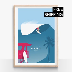 May include: A blue and white illustration of a surfer riding a wave with a red lifeguard tower in the foreground. The text "O'AHU Hawaii" is printed on the poster.
