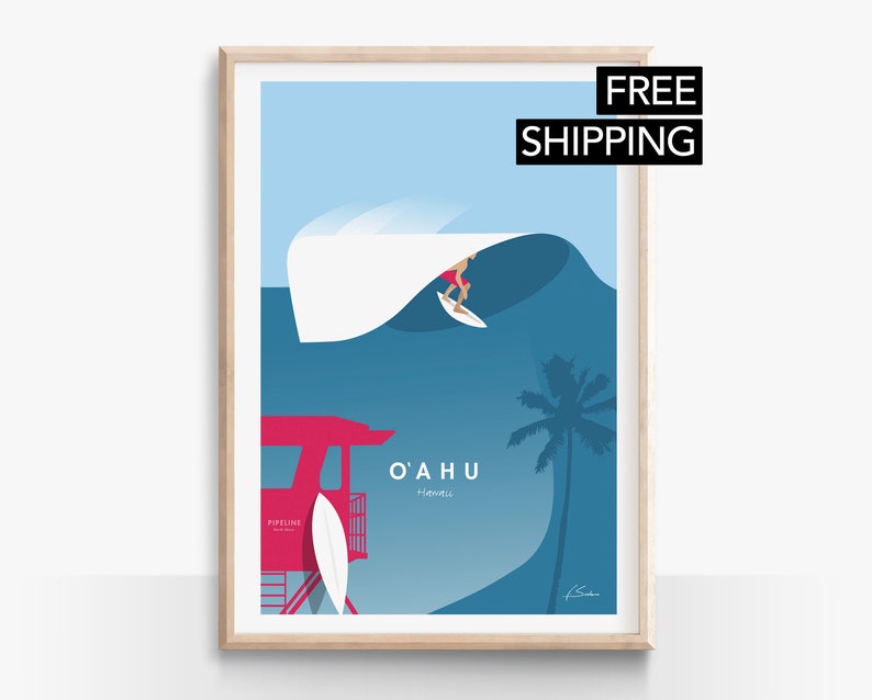 May include: A blue and white illustration of a surfer riding a wave with a red lifeguard tower in the foreground. The text "O'AHU Hawaii" is printed on the poster.