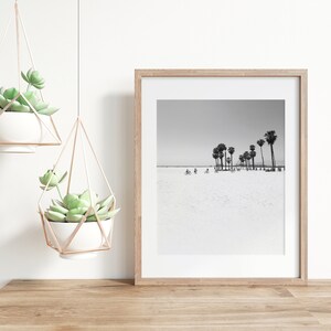 May include: A black and white photograph of palm trees on a beach. The photo is framed in a light wood frame and hanging on a white wall.