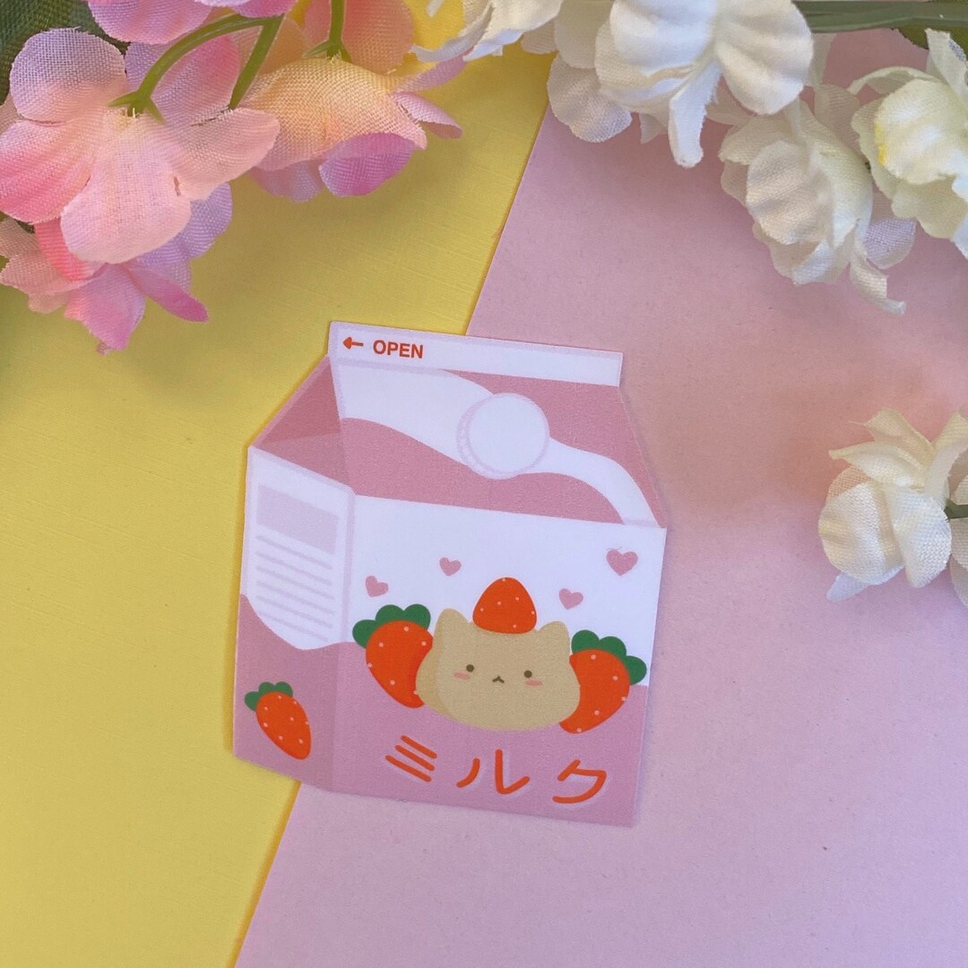 Glossy Vinyl Die Cut Sticker Cute Strawberry Milk Carton Snack Cat ...