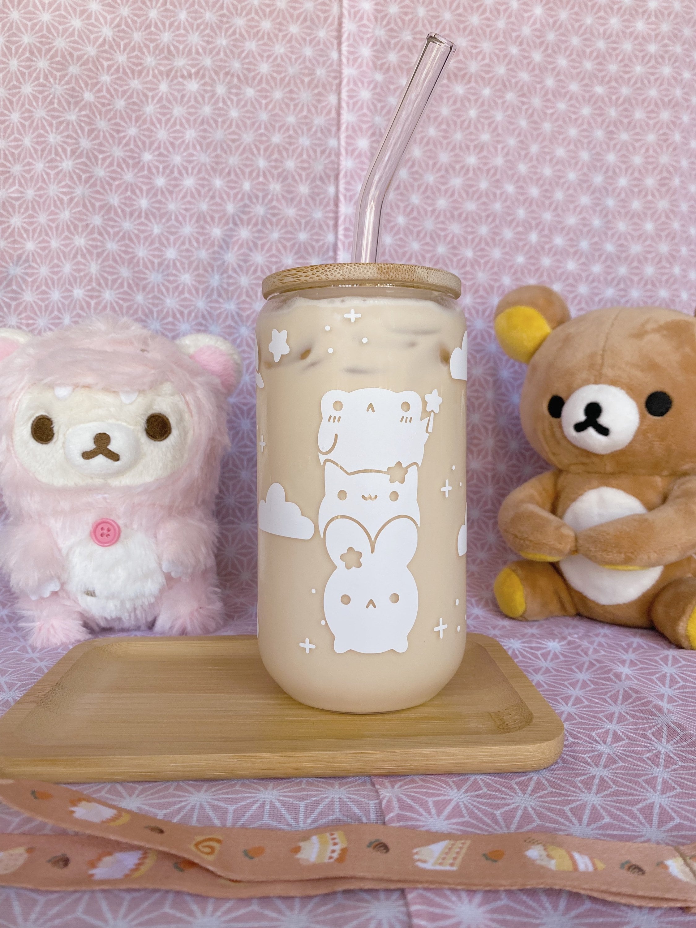 1pc 16.9oz/500ml Smiley Face Glass Cup Set With Bamboo Lid And Straw,  Holiday Gift For Friends