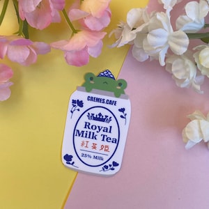 Glanzende vinyl gestanste sticker Royal Milk Tea Can Drink Snack Frog Stickers