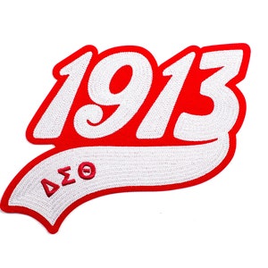 May include: Red and white embroidered patch with the text "1913" in white and "ΔΣΘ" in pink.