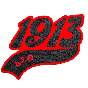 May include: A red and black embroidered patch with the year "1913" in a stylized font. The patch also features the Greek letters "ΔΣΘ" in red. The design is on a white background.