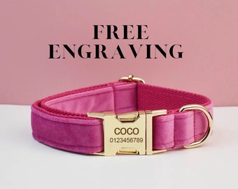Name Engraved Dog Collar and Leash Set- Personalized, Gift for Small to Large Dogs, Collar with Bow Tie - Velvet Rose Pink
