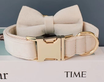 Personalized Dog Collar and Leash Set- Engraved, Handmade, Small to Large Dogs, Gift for Pets - Velvet Cream