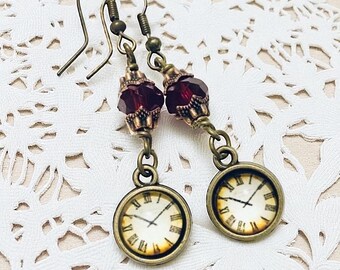Antique Clock Earrings, Clock Face Earrings, Clock Jewellery, Vintage Clock Earrings With Garnet Crystals
