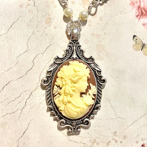 Victorian Cameo Necklace: Silver Rose Pendant, Czech Pearl Chain
