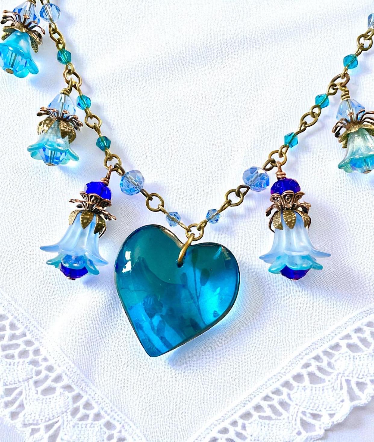 Blue Heart And Flower Pendant Necklace, Beaded Floral Faerie Jewellery