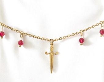 Gold Sword Necklace, Gold Sword Pendant, Gold Sword Chain, Red Crystal Necklace, Birthday Gift For Her