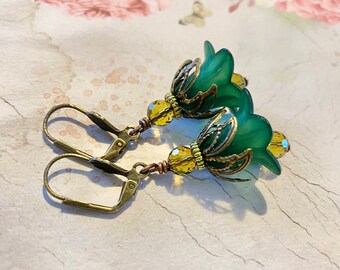 Green Earrings, Gothic Earrings, Vintage Flower Fairy Earrings, Peridot Earrings, Bellflower Earrings, Gift For Girlfriend