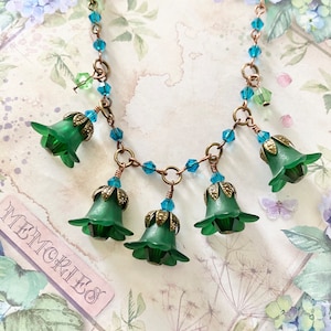 Victoriaanse ketting met groene bloem, groene kristalketting, vintage bloemenketting, Cottagecore-ketting, Fairycore-ketting, cadeau voor haar