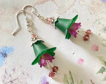 Purple And Green Earrings, Gothic Earrings, Vintage Flower Fairy Earrings, Amethyst Earrings, Bellflower Earrings, Gift For Girlfriend