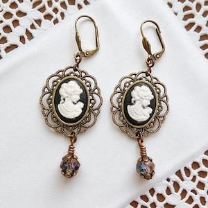 Vintage Bronze Cameo Earrings: Victorian Style Jewellery Gifts, Antique Bronze Vintage Lady Cameo Earrings