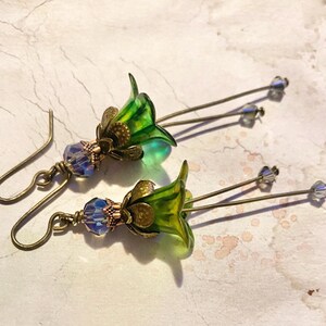 Wisteria Earrings, Green Blossom Earrings, Victorian Flower Earrings, Boho Floral Drop Earrings, Vintage Style Earrings
