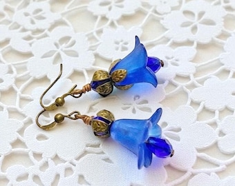 Navy Blue Flower Earrings, Lapis Crystal Earrings, Vintage Bronze Woodland Earrings, Trumpet Flower Earrings, Vintage Style Gift, Host Gift