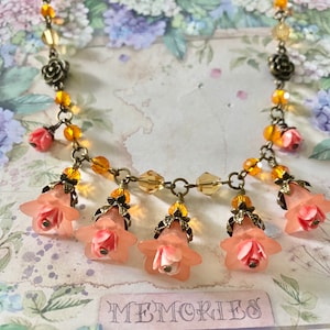 Peach Flower Necklace, Antique Bronze Floral Necklace, Vintage Style Gothic Victorian Necklace, Tangerine Crystal Necklace