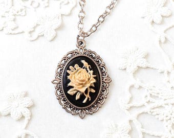 Gothic Rose Cameo Necklace, Victorian Style Cameo, Vintage Gift, Antique Silver Art Nouveau Necklace