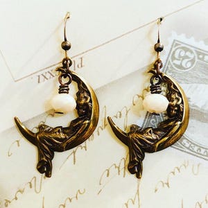 Vintage Lady On The Moon Earrings, Celestial Crystal Earrings, Moonchild Dangle Drop Earrings, Fairy Moon Earrings, Brass Boho Moon Earrings