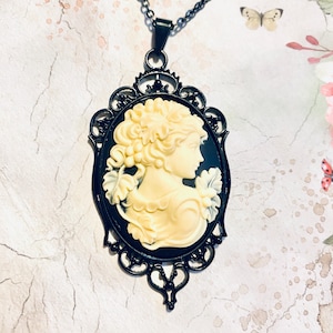 Black Cameo Necklace, Vintage Lady Cameo Pendant, Romantic Gothic Black & White Cameo Necklace, Black Necklace