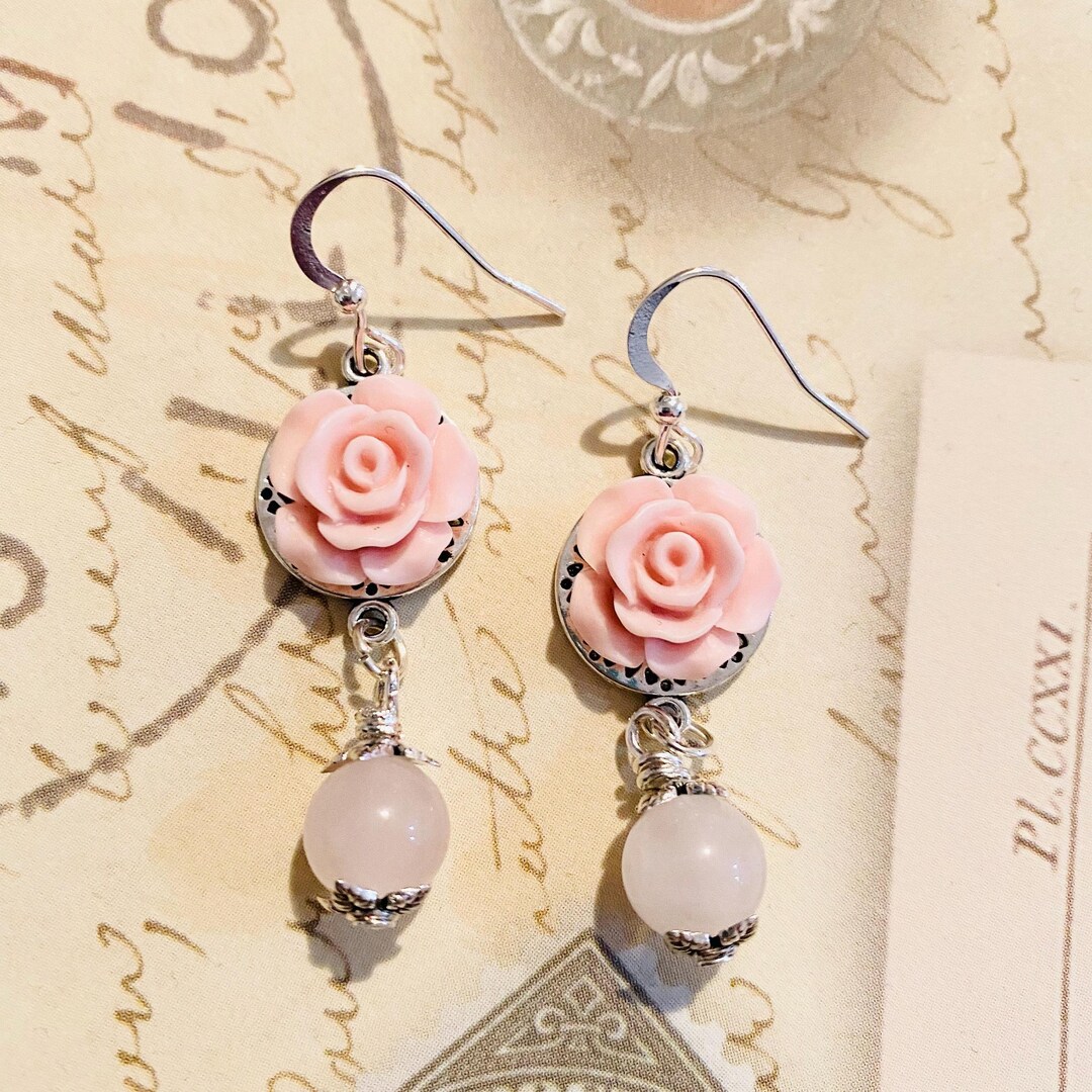 Buy Rose Quartz Dangle Earrings: Pink Flower Silver Filigree Online in  India