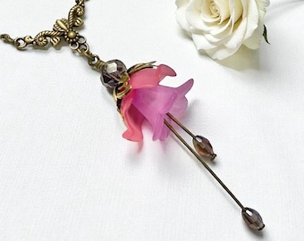 Vintage Style Fuchsia Jewellery Set, Bridesmaids Gift, Gift For Mum, Gift For Girlfriend, Sakura Jewellery Set, Summer Necklace